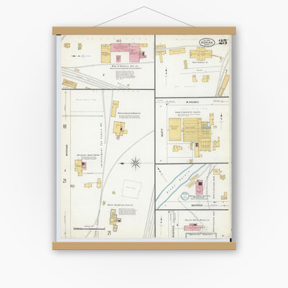 Old map wall art mockup — magnetic wood frame on white wall — Sanborn Fire Insurance Map from Adrian, Lenawee County, Michigan (1908), Sheet #0025