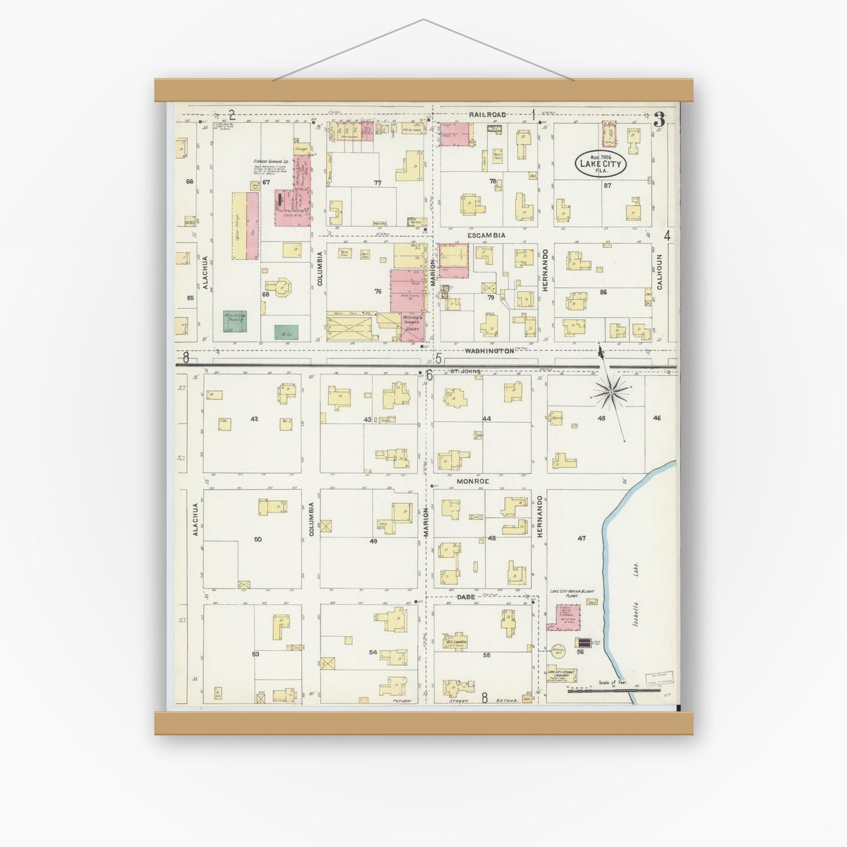 Old map wall art mockup — magnetic wood frame on white wall — Sanborn Fire Insurance Map from Lake City, Columbia County, Florida (1906), Sheet #0003