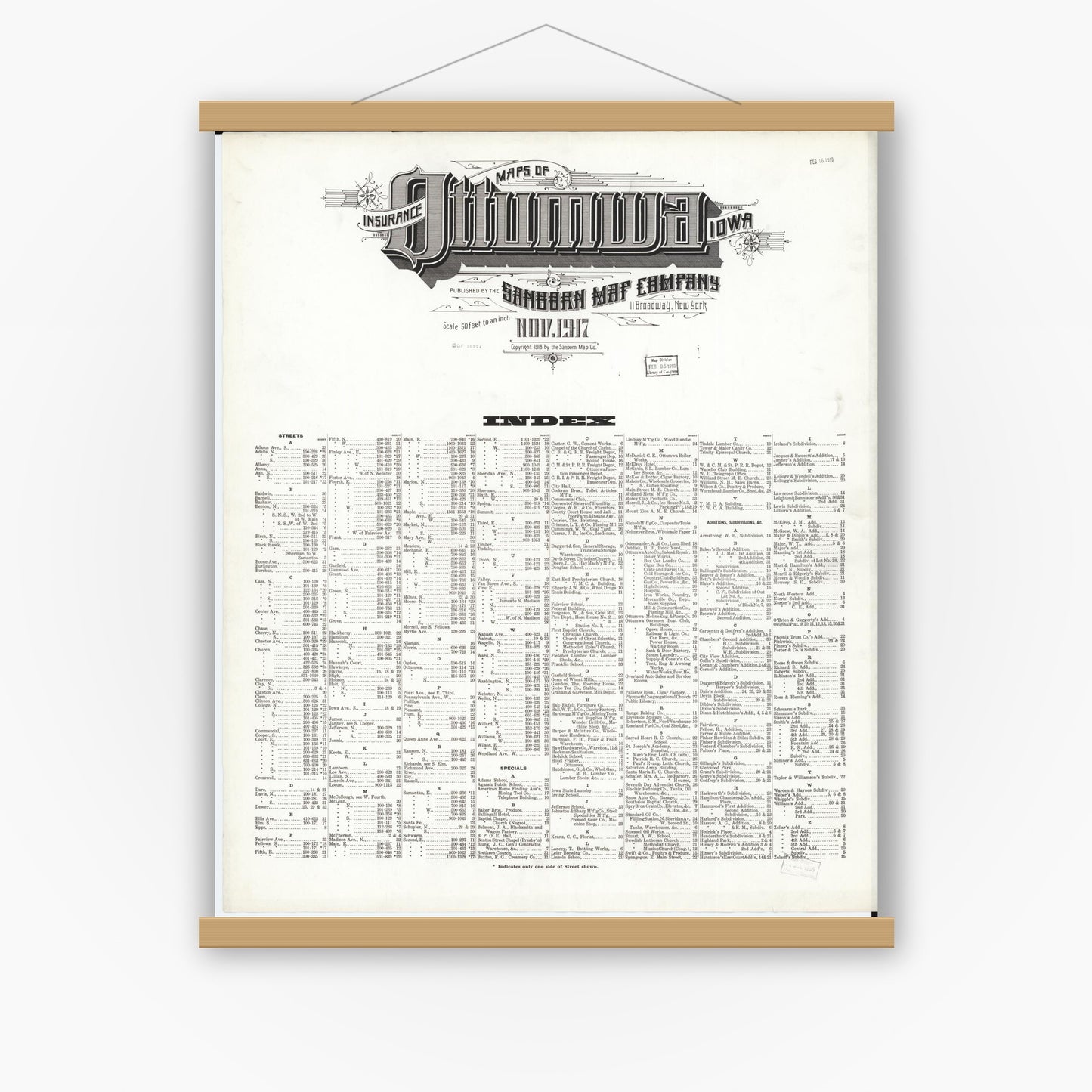 Old map wall art mockup — magnetic wood frame on white wall — Sanborn Fire Insurance Map from Ottumwa, Wapello County, Iowa (1917), Sheet #0001