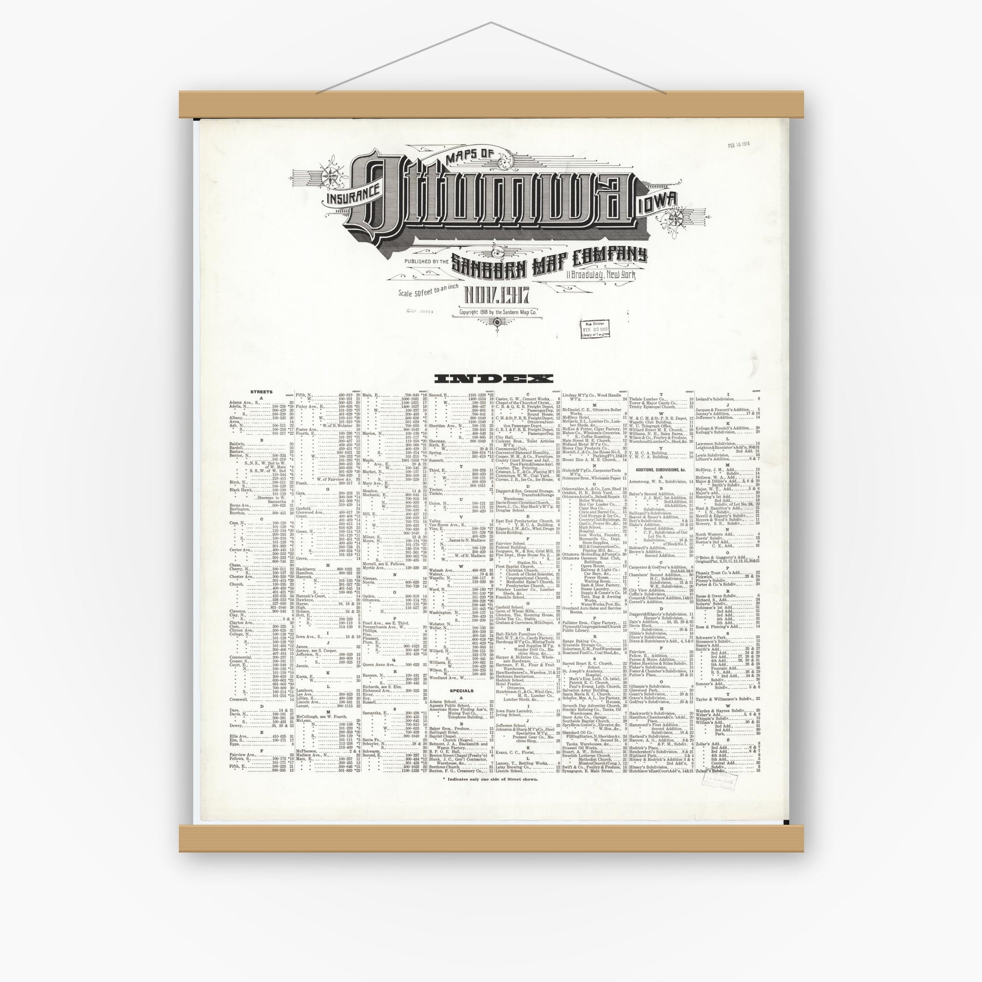 Old map wall art mockup — magnetic wood frame on white wall — Sanborn Fire Insurance Map from Ottumwa, Wapello County, Iowa (1917), Sheet #0001