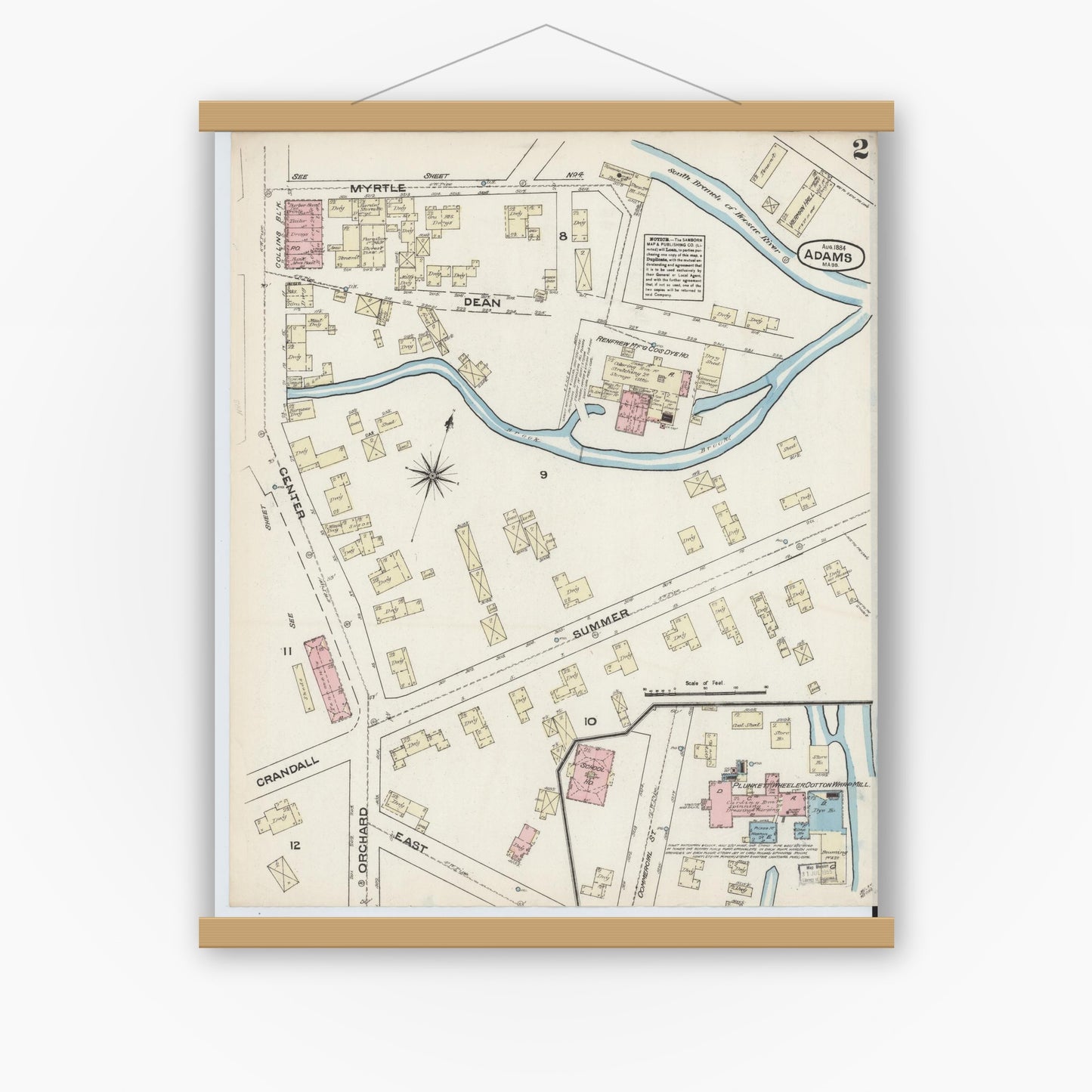 Old map wall art mockup — magnetic wood frame on white wall — Sanborn Fire Insurance Map from Adams, Berkshire County, Massachusetts (1884), Sheet #0002