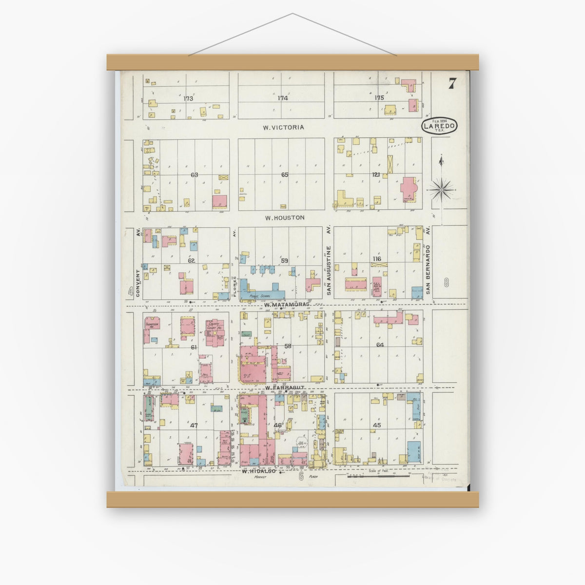Old map wall art mockup — magnetic wood frame on white wall — Sanborn Fire Insurance Map from Laredo, Webb County, Texas (1894), Sheet #0007