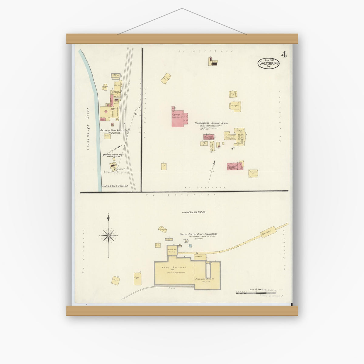 Old map wall art mockup — magnetic wood frame on white wall — Sanborn Fire Insurance Map from Saltsburg, Indiana County, Pennsylvania (1909), Sheet #0004