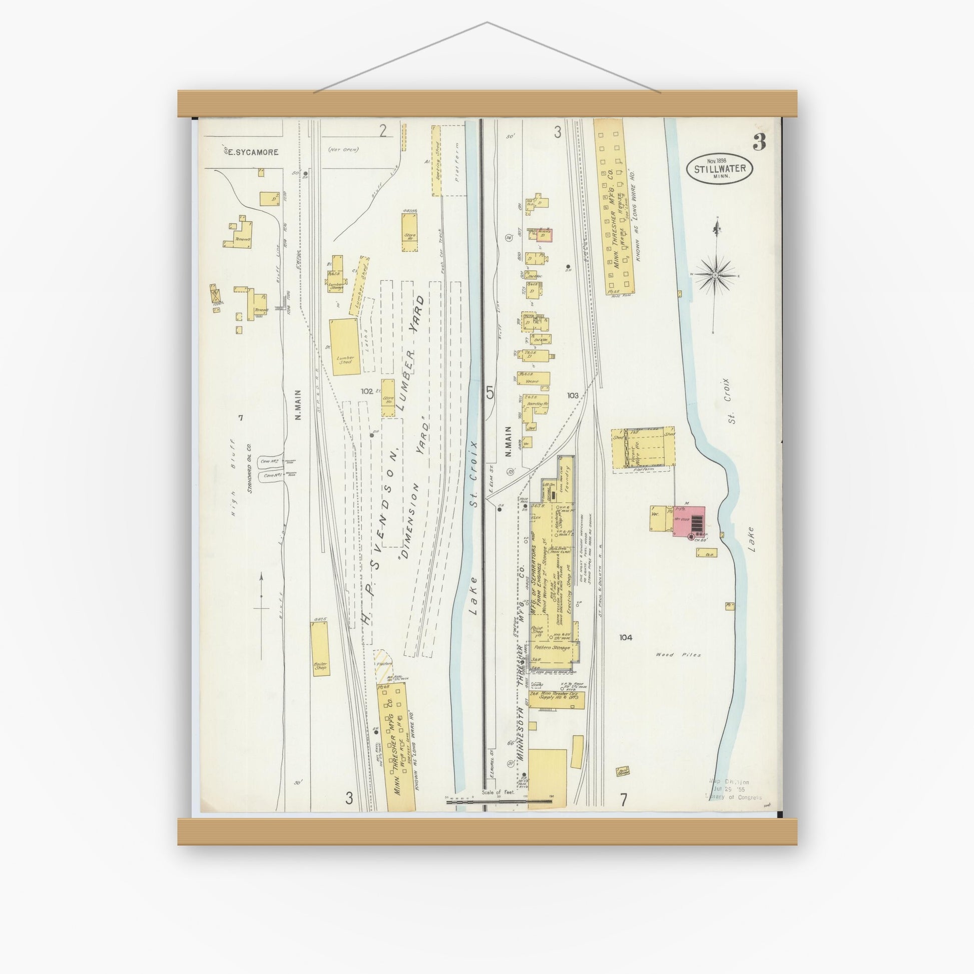 Old map wall art mockup — magnetic wood frame on white wall — Sanborn Fire Insurance Map from Stillwater, Washington County, Minnesota (1898), Sheet #0003