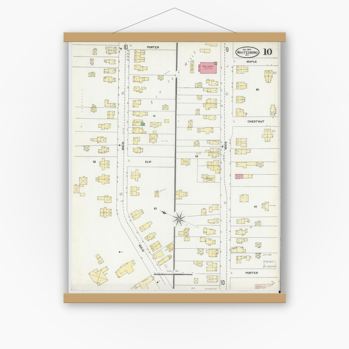 Old map wall art mockup — magnetic wood frame on white wall — Sanborn Fire Insurance Map from Whitesboro, Oneida County, New York (1904), Sheet #0010