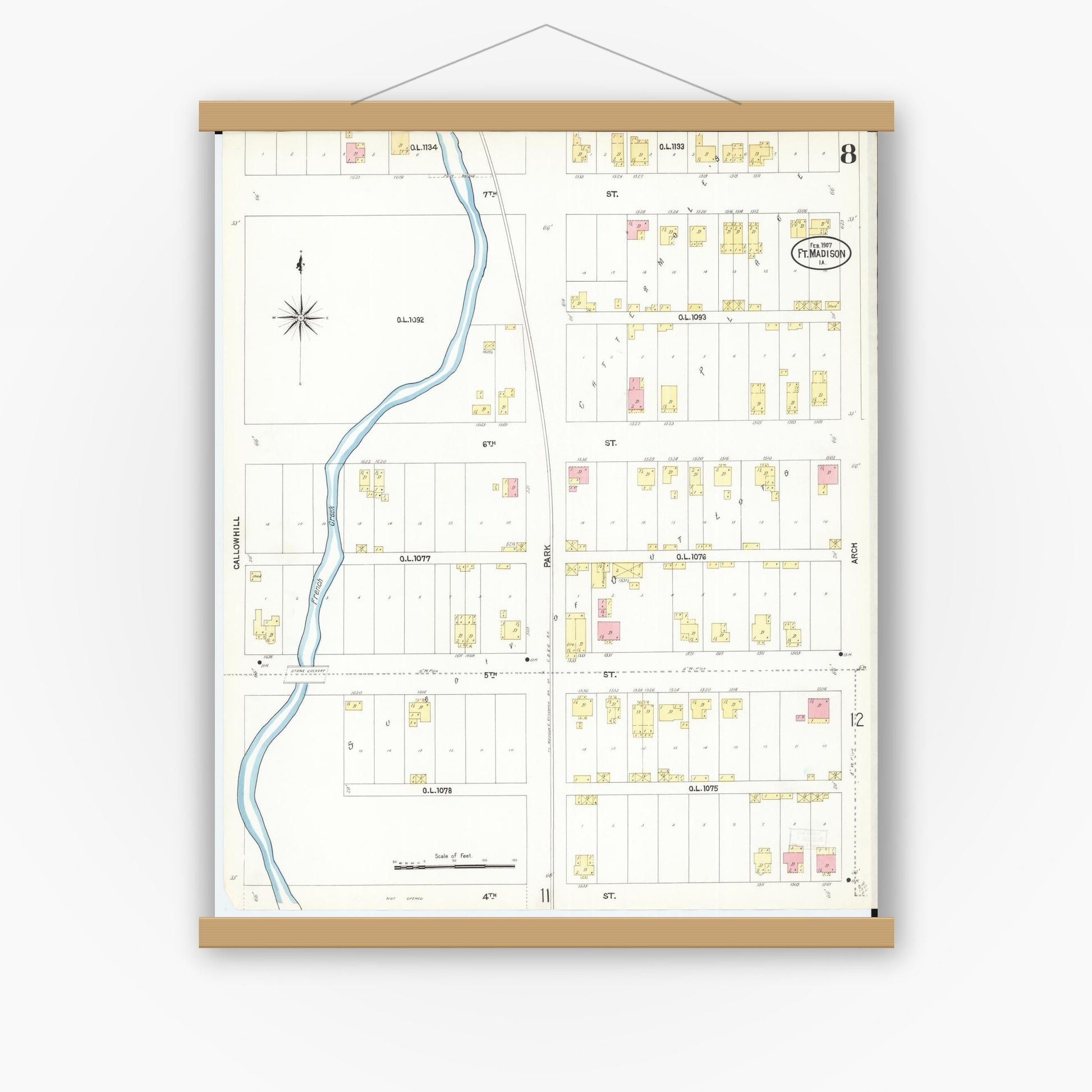 Old map wall art mockup — magnetic wood frame on white wall — Sanborn Fire Insurance Map from Fort Madison, Lee County, Iowa (1907), Sheet #0008