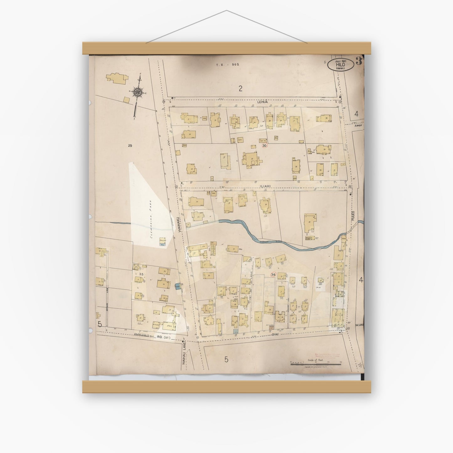 Old map wall art mockup — magnetic wood frame on white wall — Sanborn Fire Insurance Map from Hilo, Hawaii County, Hawaii (1957), Sheet #0003