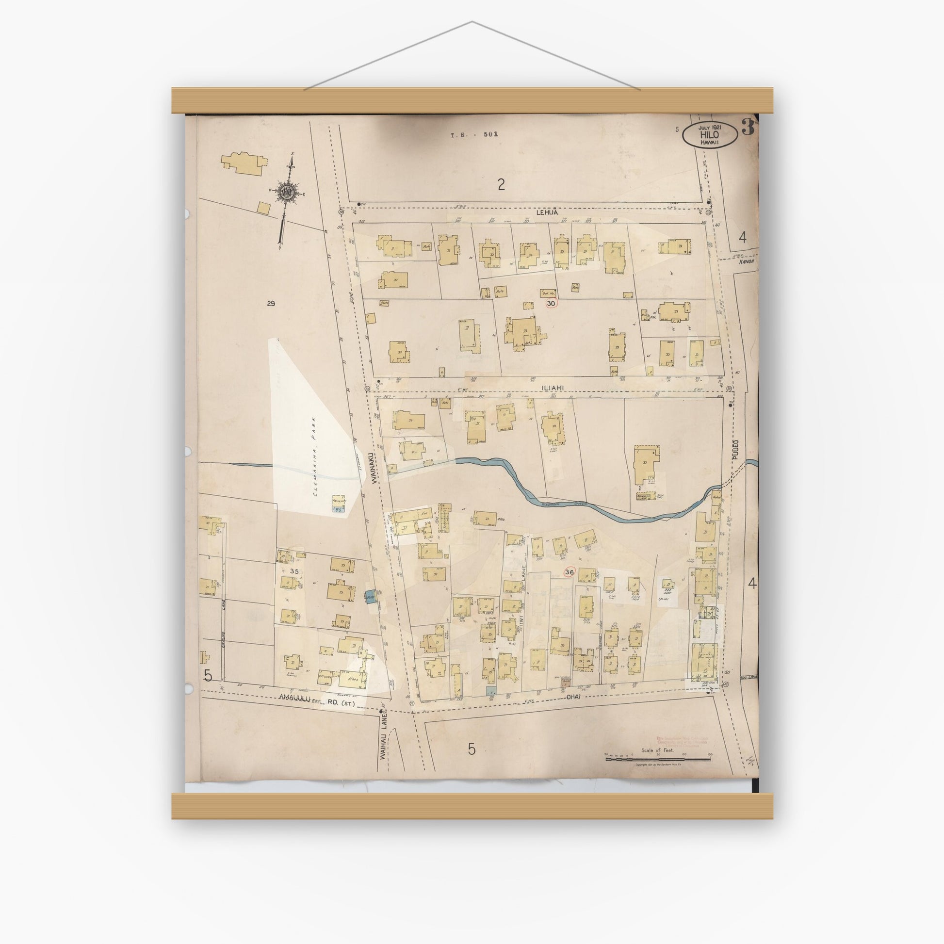 Old map wall art mockup — magnetic wood frame on white wall — Sanborn Fire Insurance Map from Hilo, Hawaii County, Hawaii (1957), Sheet #0003