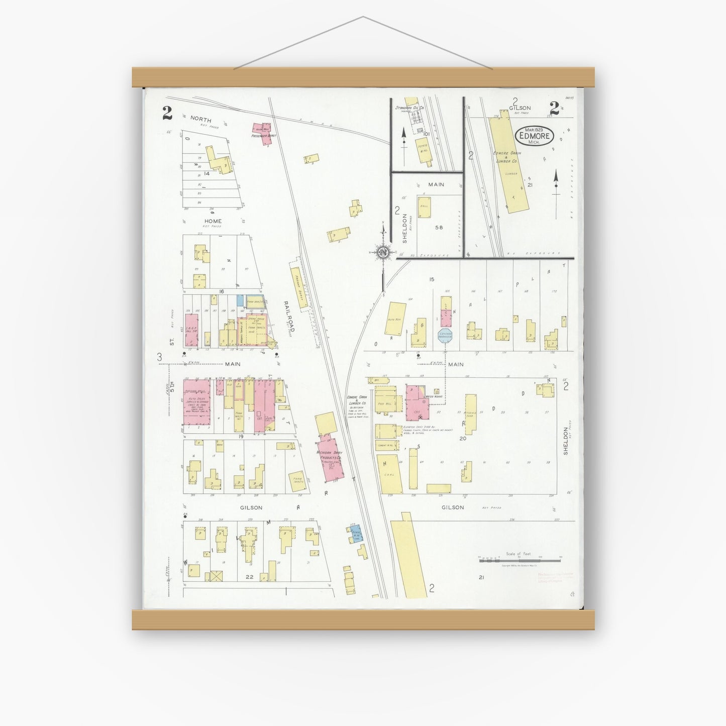 Old map wall art mockup — magnetic wood frame on white wall — Sanborn Fire Insurance Map from Edmore, Montcalm County, Michigan (1929), Sheet #0002