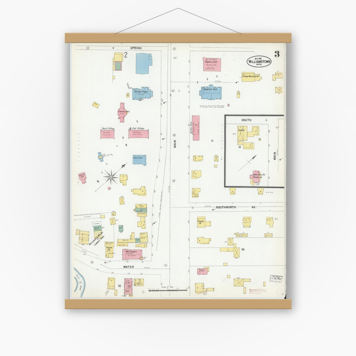 Old map wall art mockup — magnetic wood frame on white wall — Sanborn Fire Insurance Map from Williamstown, Berkshire County, Massachusetts (1901), Sheet #0003