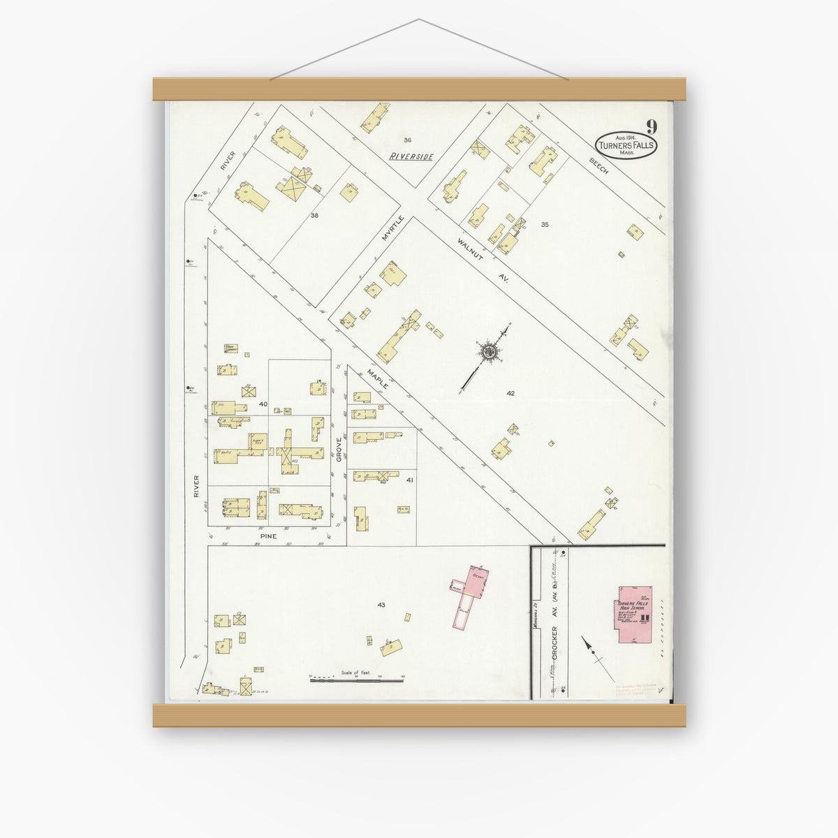 Old map wall art mockup — magnetic wood frame on white wall — Sanborn Fire Insurance Map from Turners Falls, Franklin County, Massachusetts (1914), Sheet #0009