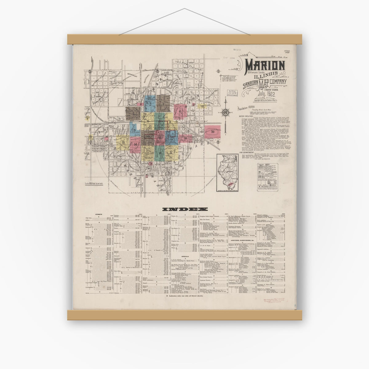 Old map wall art mockup — magnetic wood frame on white wall — Sanborn Fire Insurance Map from Marion, Williamson County, Illinois (1922), Sheet #0001