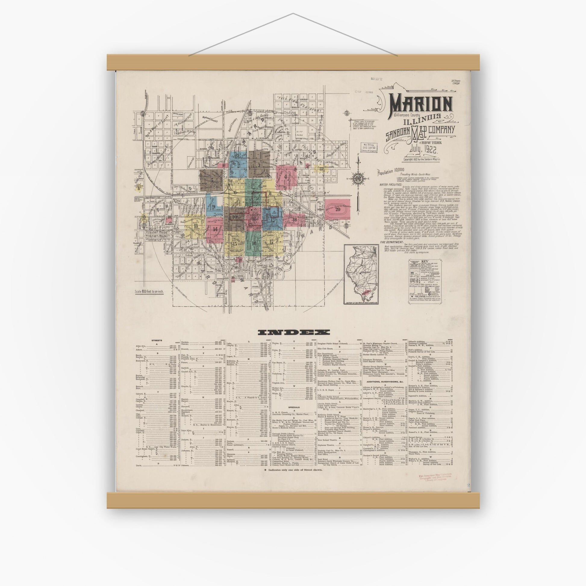 Old map wall art mockup — magnetic wood frame on white wall — Sanborn Fire Insurance Map from Marion, Williamson County, Illinois (1922), Sheet #0001