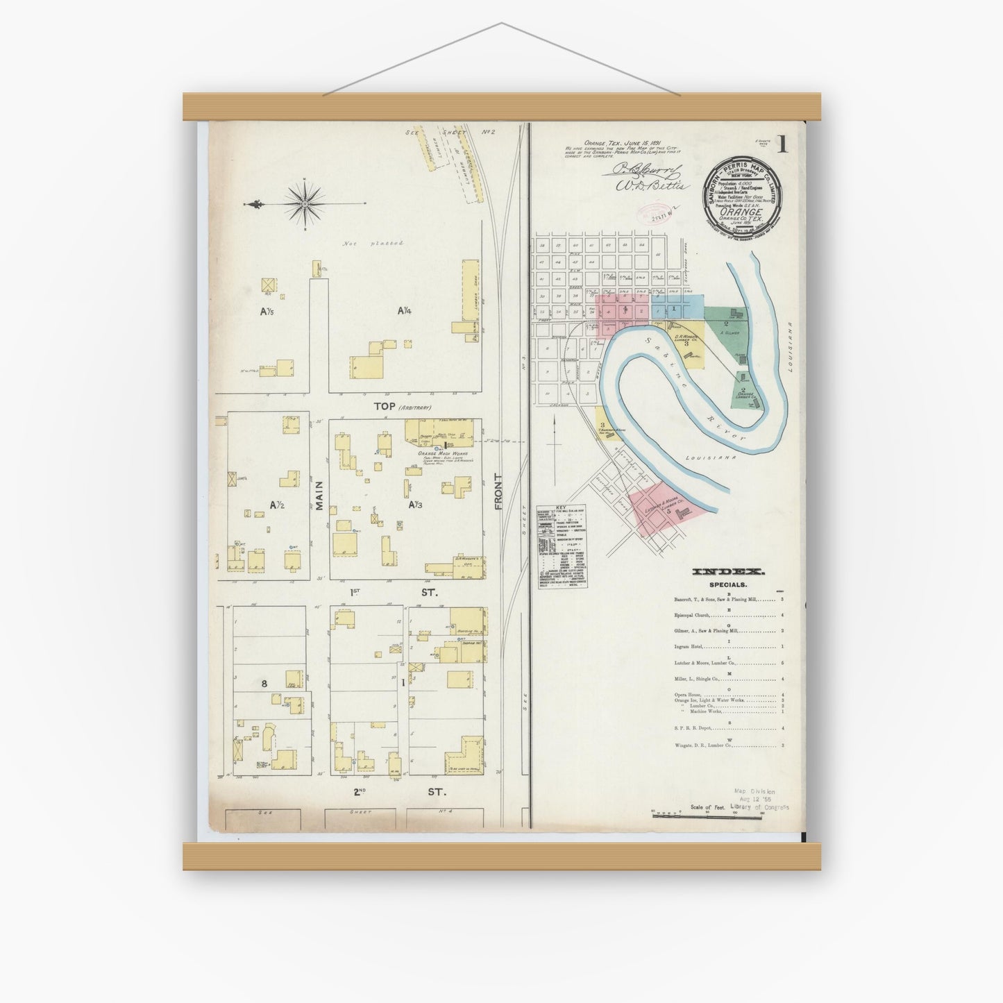 Old map wall art mockup — magnetic wood frame on white wall — Sanborn Fire Insurance Map from Orange, Orange County, Texas (1891), Sheet #0001