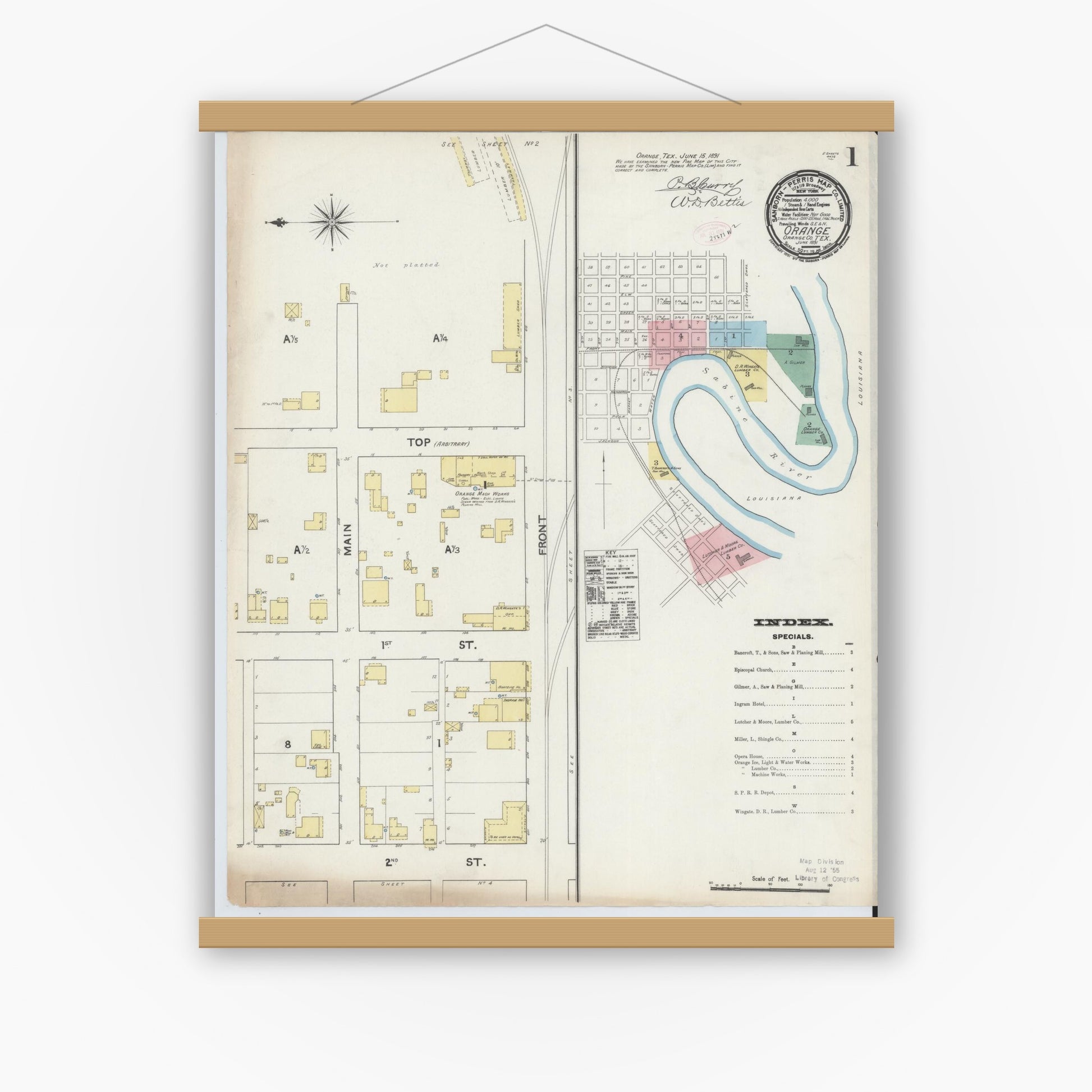 Old map wall art mockup — magnetic wood frame on white wall — Sanborn Fire Insurance Map from Orange, Orange County, Texas (1891), Sheet #0001