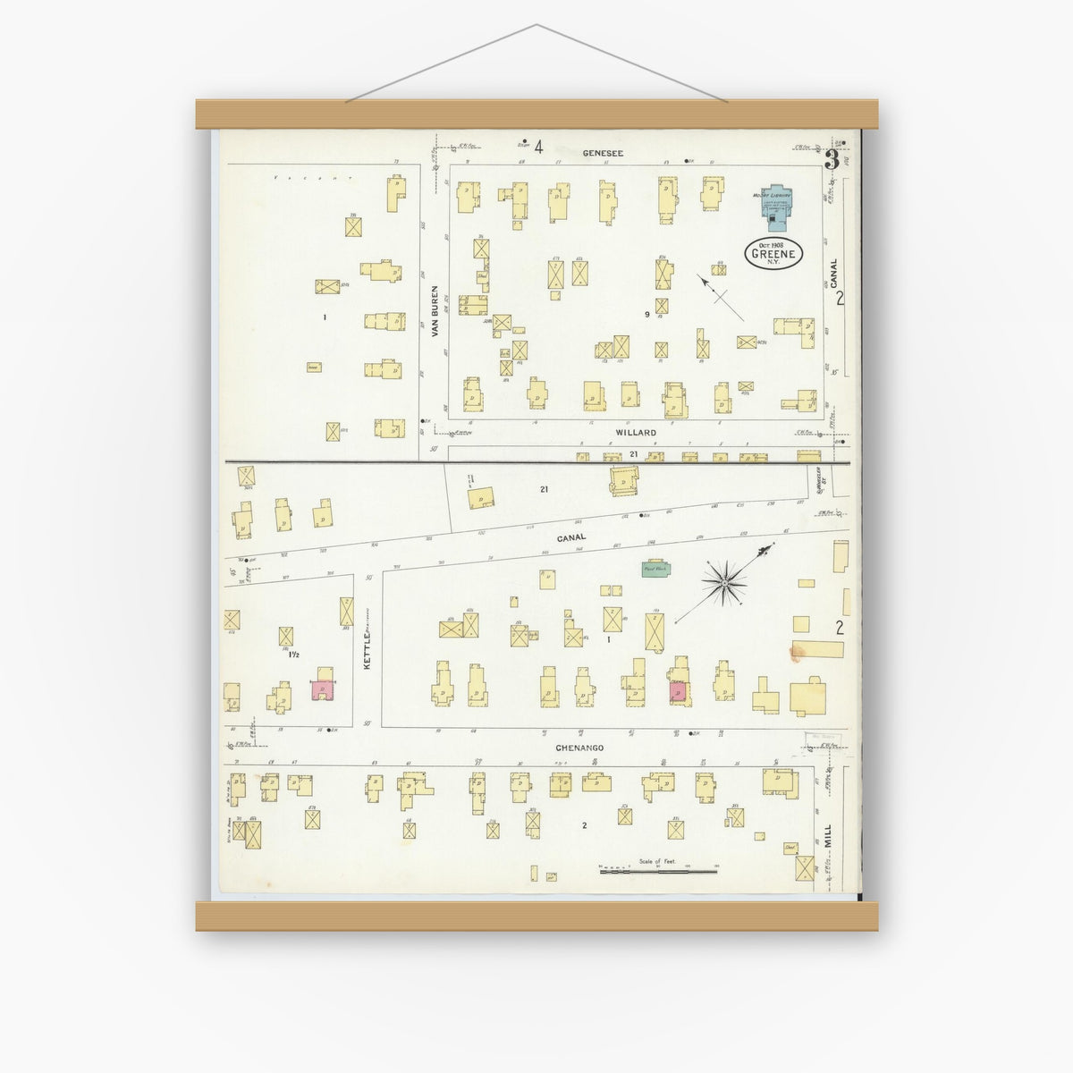 Old map wall art mockup — magnetic wood frame on white wall — Sanborn Fire Insurance Map from Greene, Chenango County, New York (1908), Sheet #0003