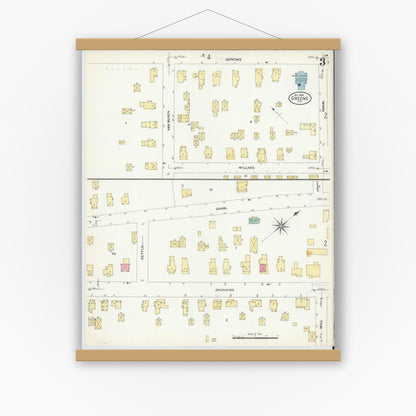 Old map wall art mockup — magnetic wood frame on white wall — Sanborn Fire Insurance Map from Greene, Chenango County, New York (1908), Sheet #0003