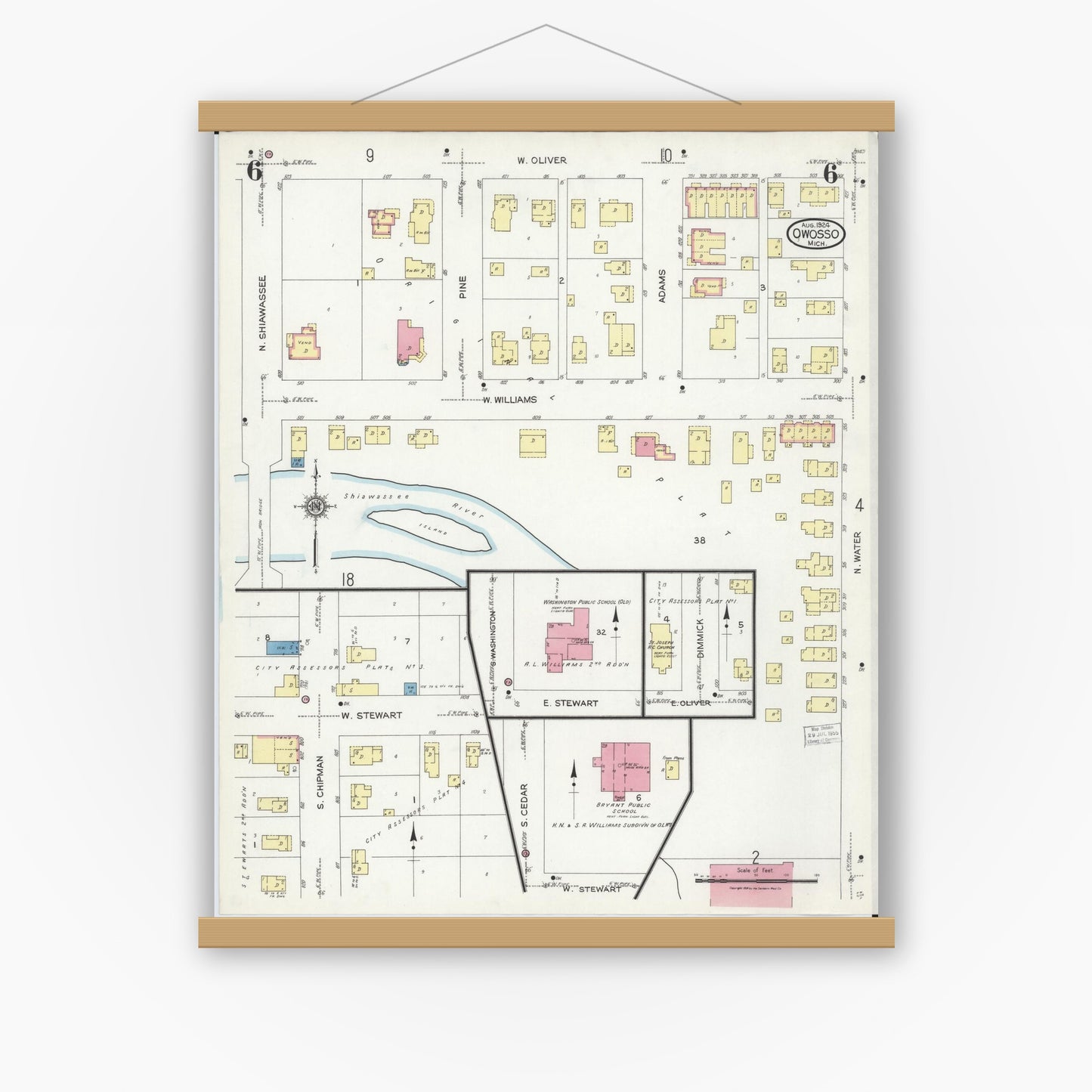 Old map wall art mockup — magnetic wood frame on white wall — Sanborn Fire Insurance Map from Owosso, Shiawassee County, Michigan (1924), Sheet #0006