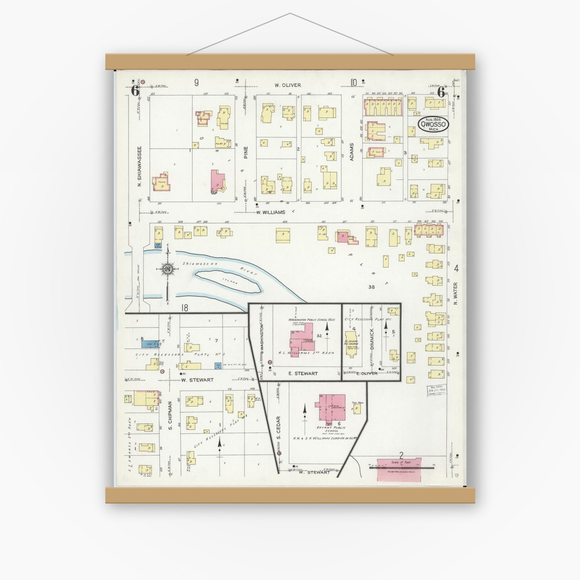 Old map wall art mockup — magnetic wood frame on white wall — Sanborn Fire Insurance Map from Owosso, Shiawassee County, Michigan (1924), Sheet #0006