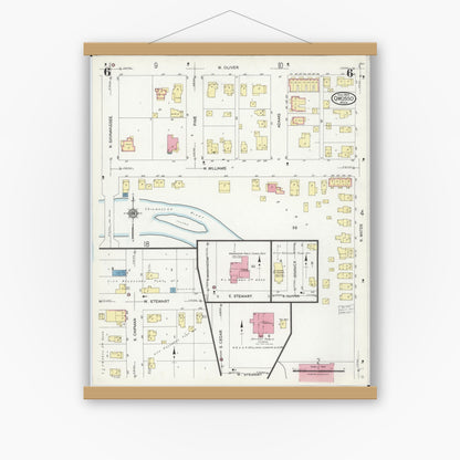 Old map wall art mockup — magnetic wood frame on white wall — Sanborn Fire Insurance Map from Owosso, Shiawassee County, Michigan (1924), Sheet #0006