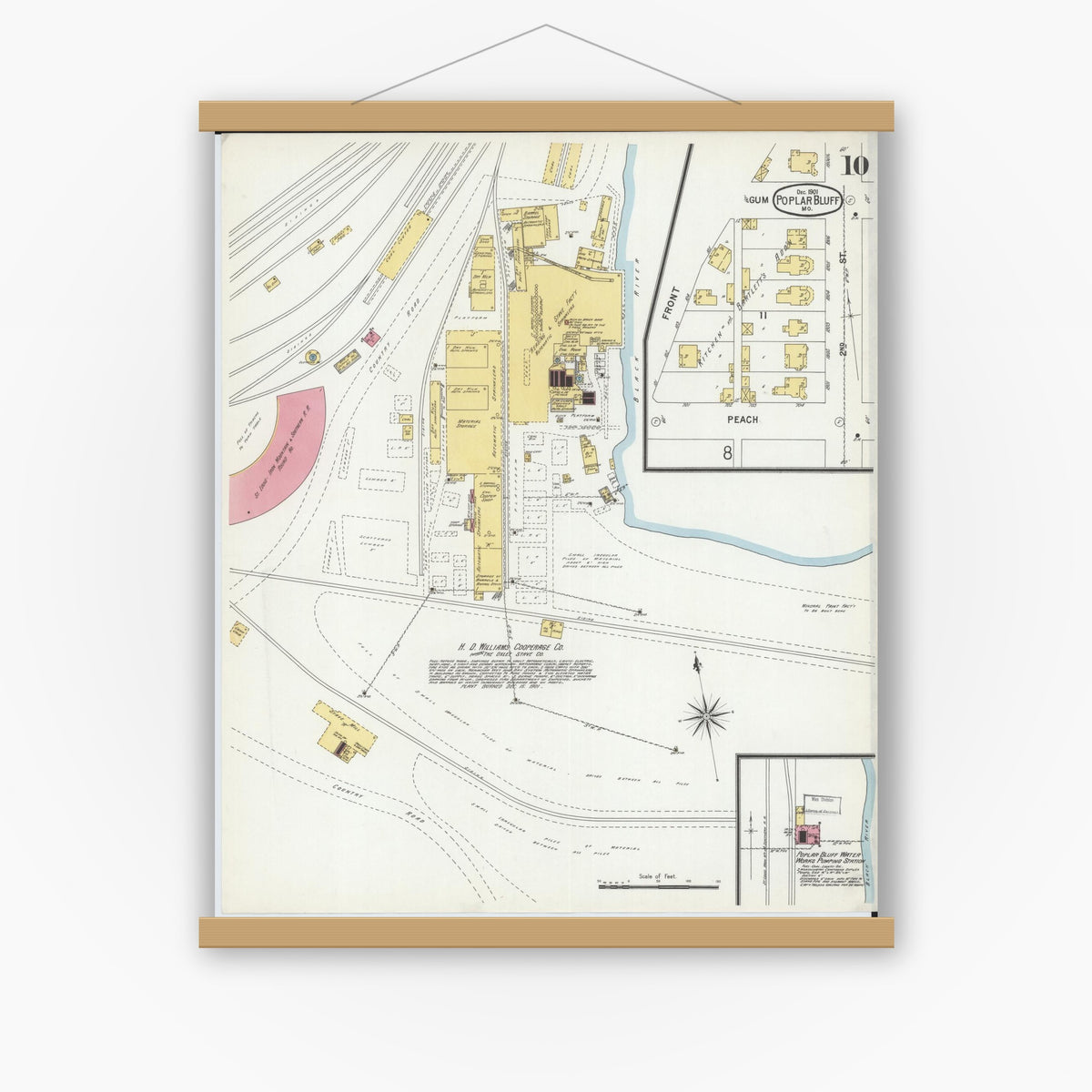 Old map wall art mockup — magnetic wood frame on white wall — Sanborn Fire Insurance Map from Poplar Bluff, Butler County, Missouri (1901), Sheet #0010