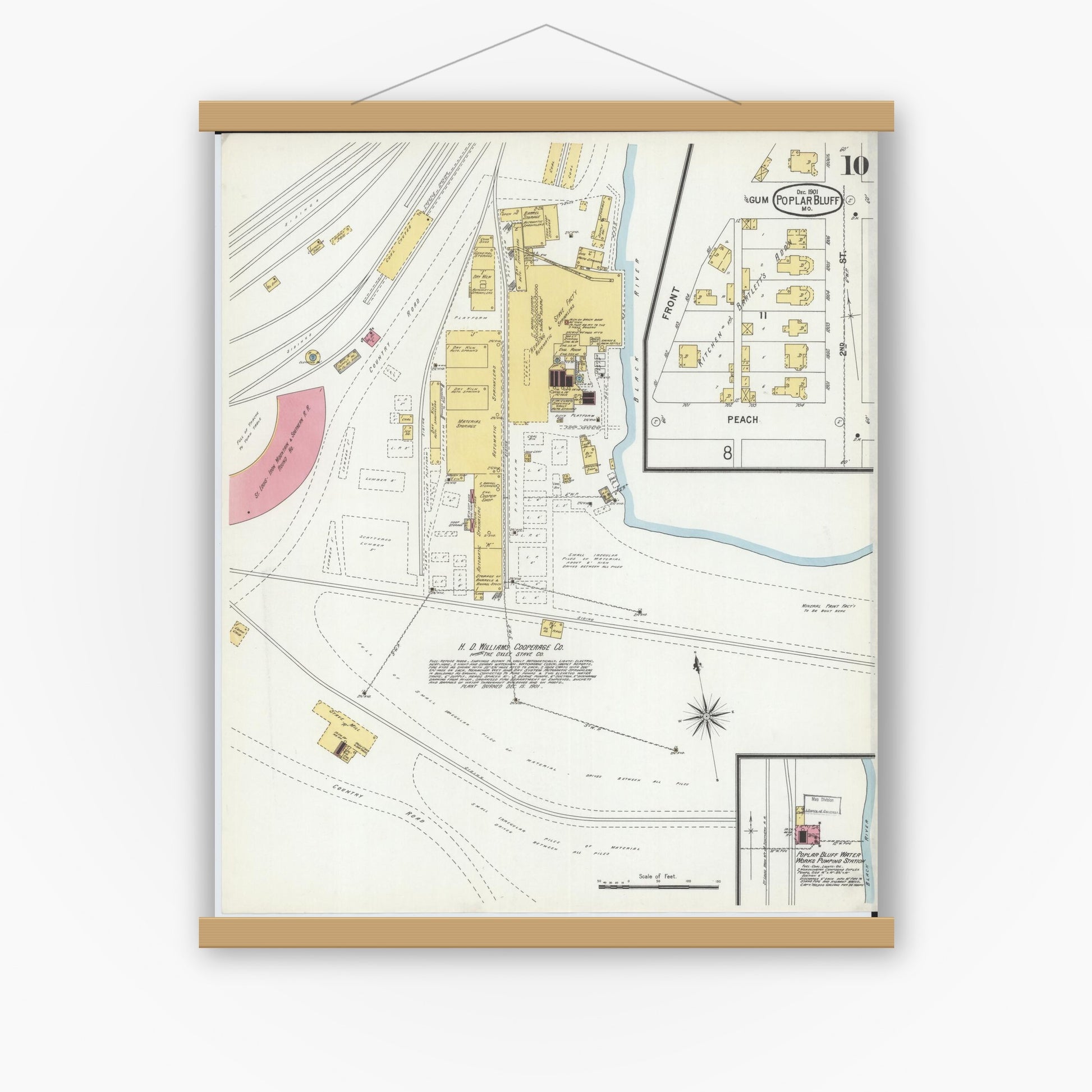 Old map wall art mockup — magnetic wood frame on white wall — Sanborn Fire Insurance Map from Poplar Bluff, Butler County, Missouri (1901), Sheet #0010