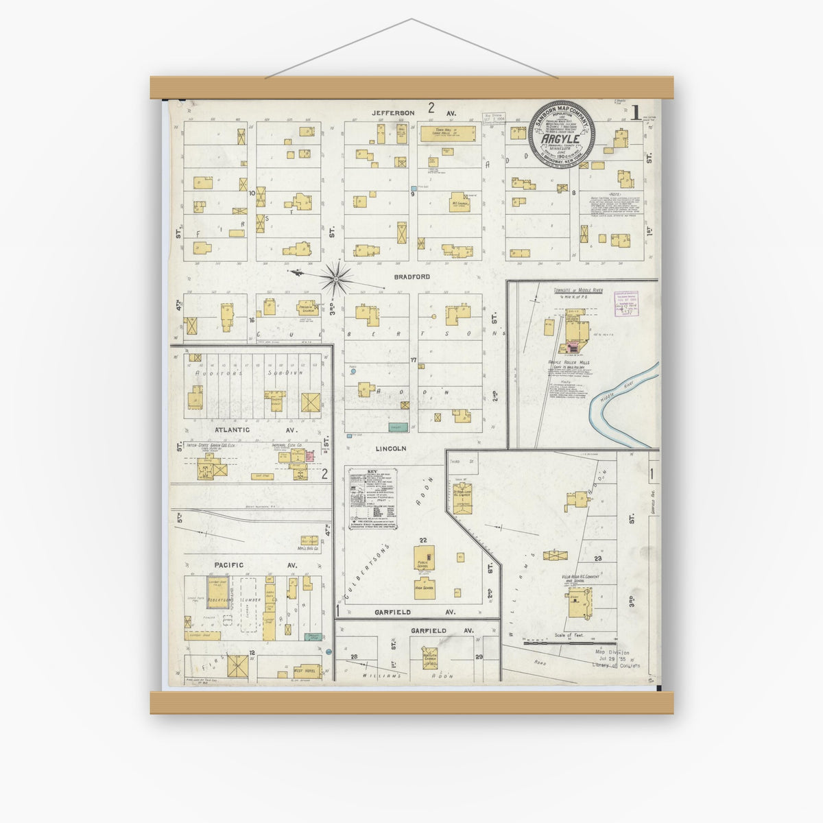 Old map wall art mockup — magnetic wood frame on white wall — Sanborn Fire Insurance Map from Argyle, Marshall County, Minnesota (1904), Sheet #0001