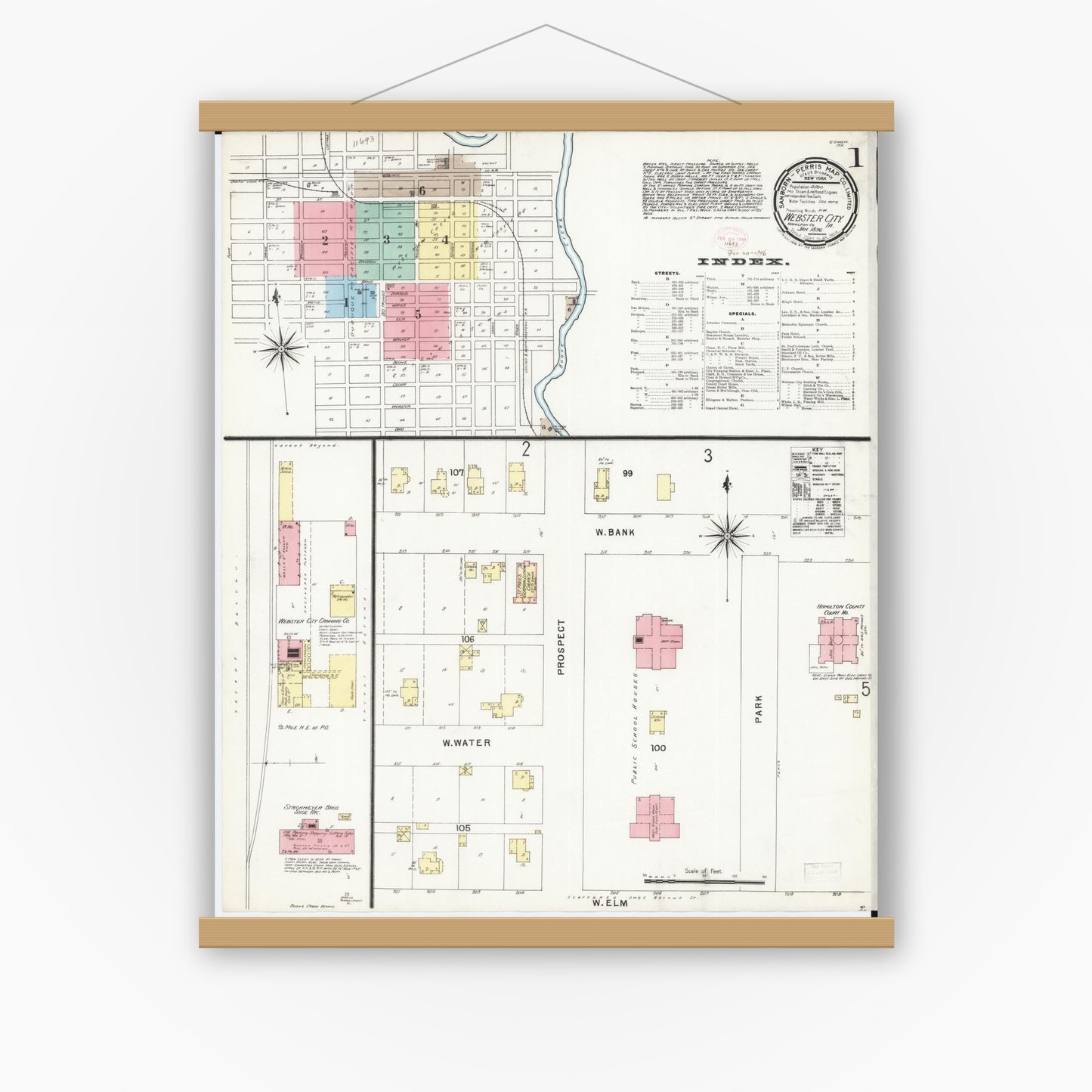 Old map wall art mockup — magnetic wood frame on white wall — Sanborn Fire Insurance Map from Webster City, Hamilton County, Iowa (1896), Sheet #0001