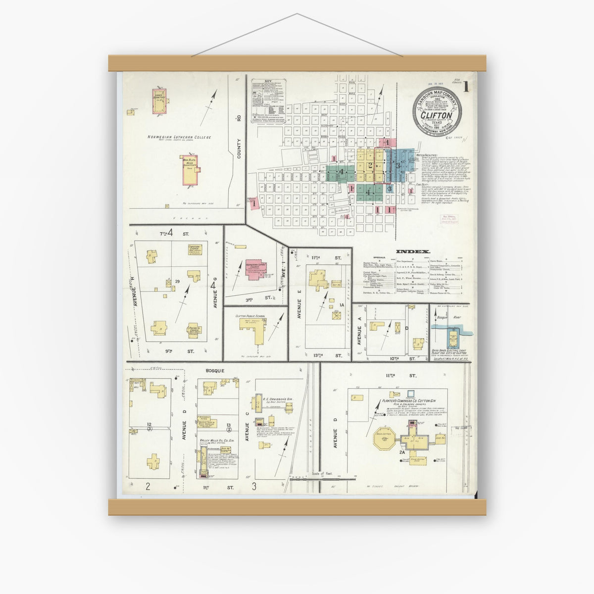 Old map wall art mockup — magnetic wood frame on white wall — Sanborn Fire Insurance Map from Clifton, Bosque County, Texas (1911) - Complete Map Set