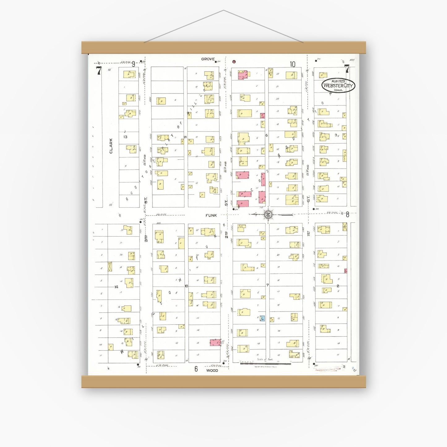 Old map wall art mockup — magnetic wood frame on white wall — Sanborn Fire Insurance Map from Webster City, Hamilton County, Iowa (1923), Sheet #0007