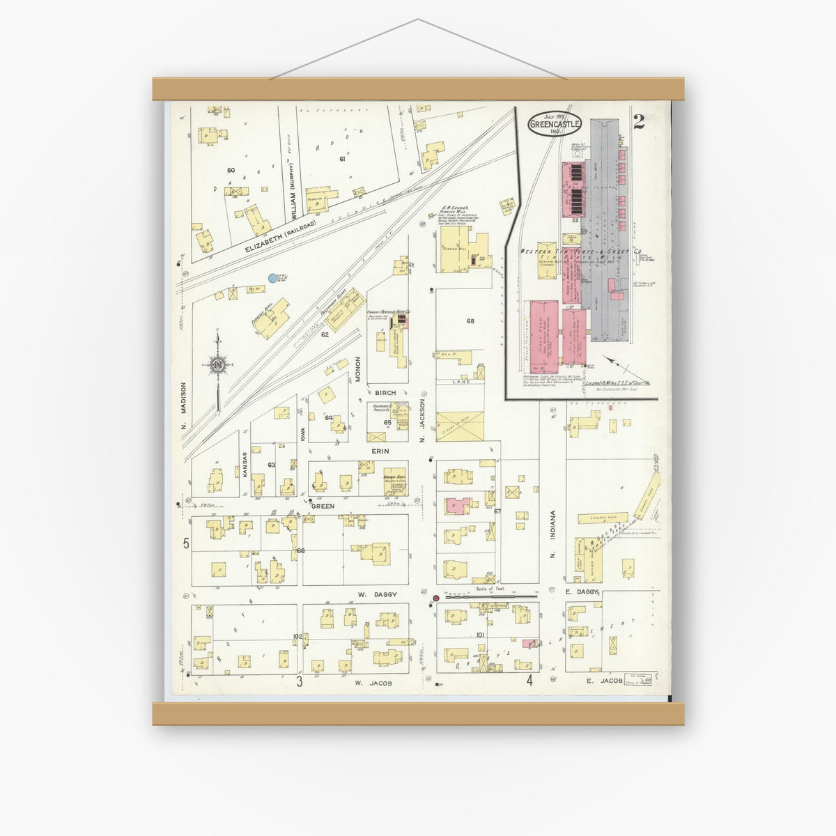 Old map wall art mockup — magnetic wood frame on white wall — Sanborn Fire Insurance Map from Greencastle, Putnam County, Indiana (1913), Sheet #0002