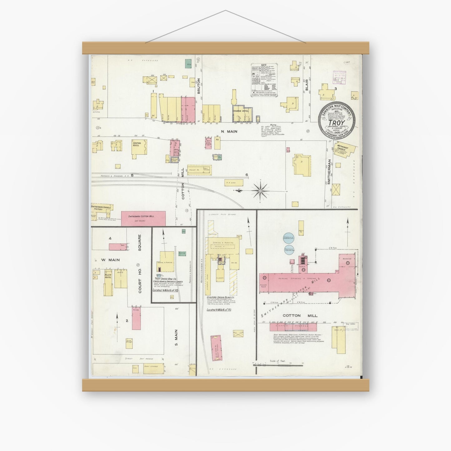 Old map wall art mockup — magnetic wood frame on white wall — Sanborn Fire Insurance Map from Troy, Montgomery County, North Carolina (1908), Sheet #0001