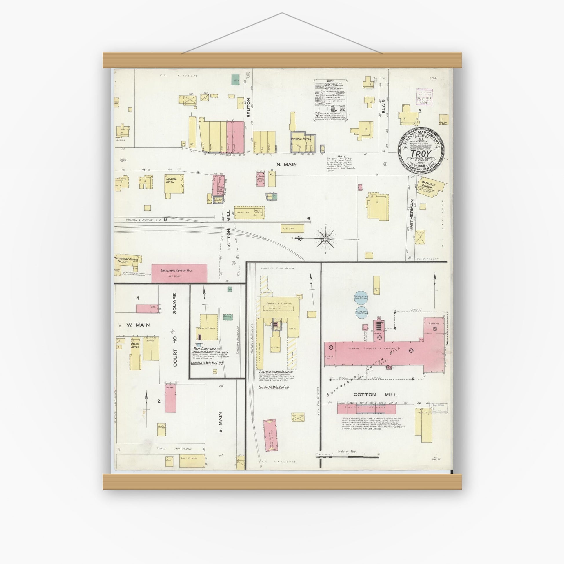 Old map wall art mockup — magnetic wood frame on white wall — Sanborn Fire Insurance Map from Troy, Montgomery County, North Carolina (1908), Sheet #0001