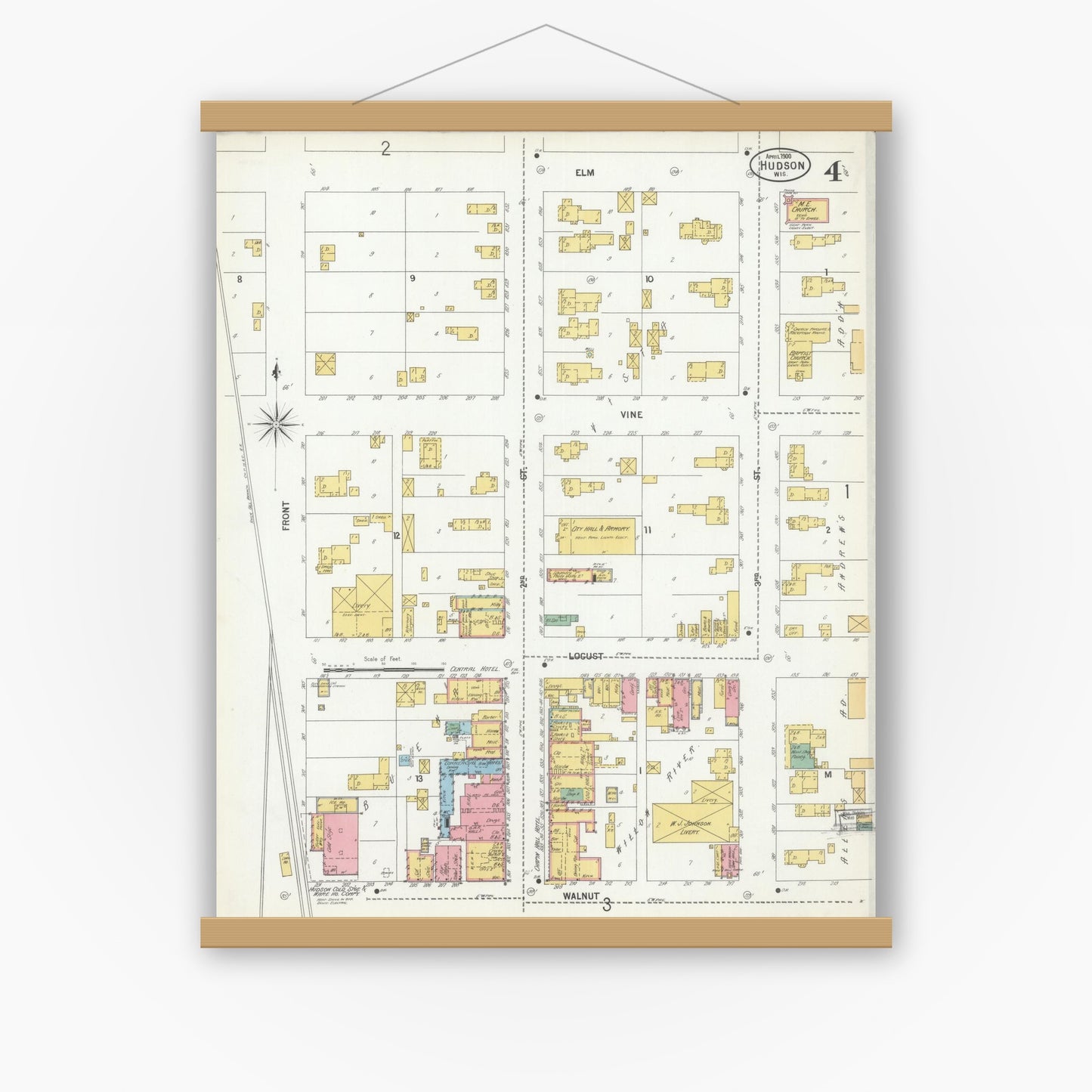 Old map wall art mockup — magnetic wood frame on white wall — Sanborn Fire Insurance Map from Hudson, St. Croix County, Wisconsin (1900), Sheet #0004