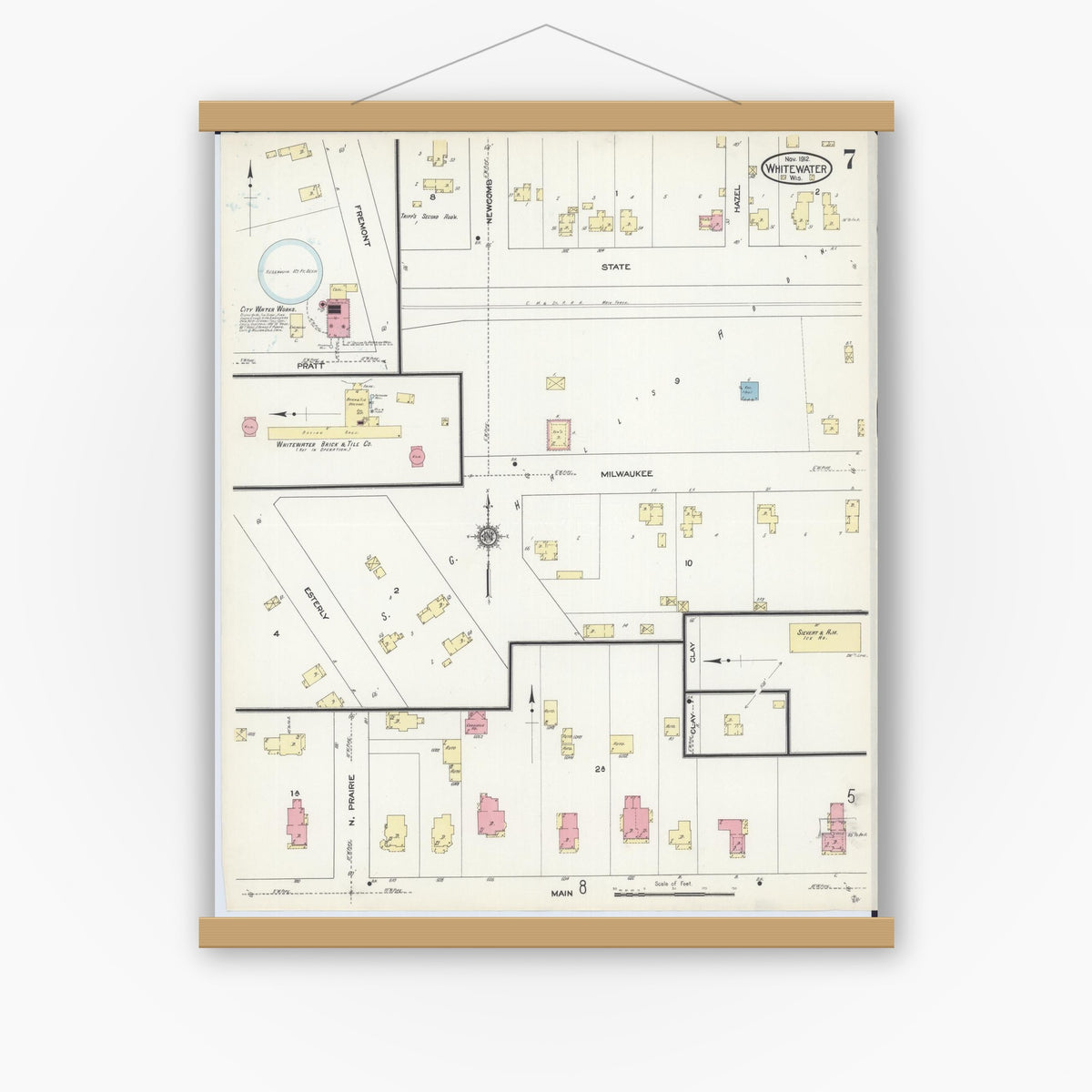 Old map wall art mockup — magnetic wood frame on white wall — Sanborn Fire Insurance Map from Whitewater, Walworth County, Wisconsin (1912), Sheet #0007
