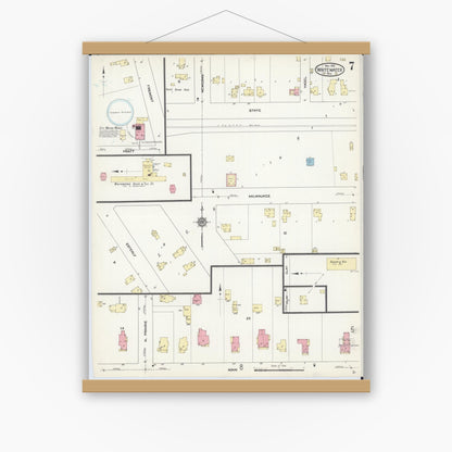Old map wall art mockup — magnetic wood frame on white wall — Sanborn Fire Insurance Map from Whitewater, Walworth County, Wisconsin (1912), Sheet #0007