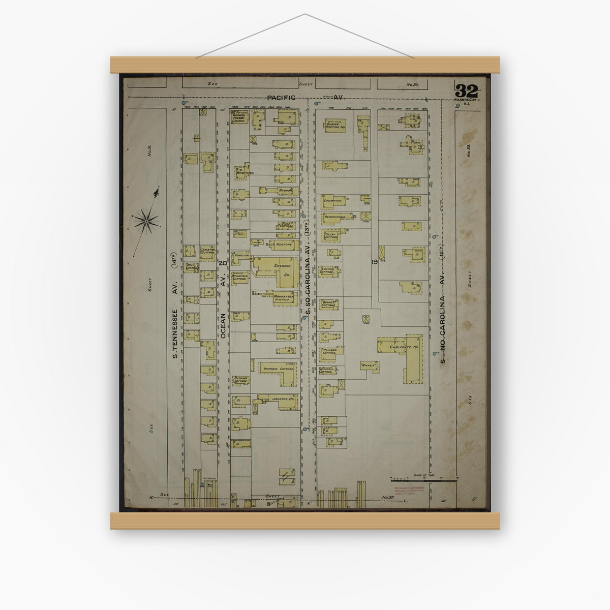 Old map wall art mockup — magnetic wood frame on white wall — Sanborn Fire Insurance Map from Atlantic City, Atlantic County, New Jersey (1886), Sheet #0032
