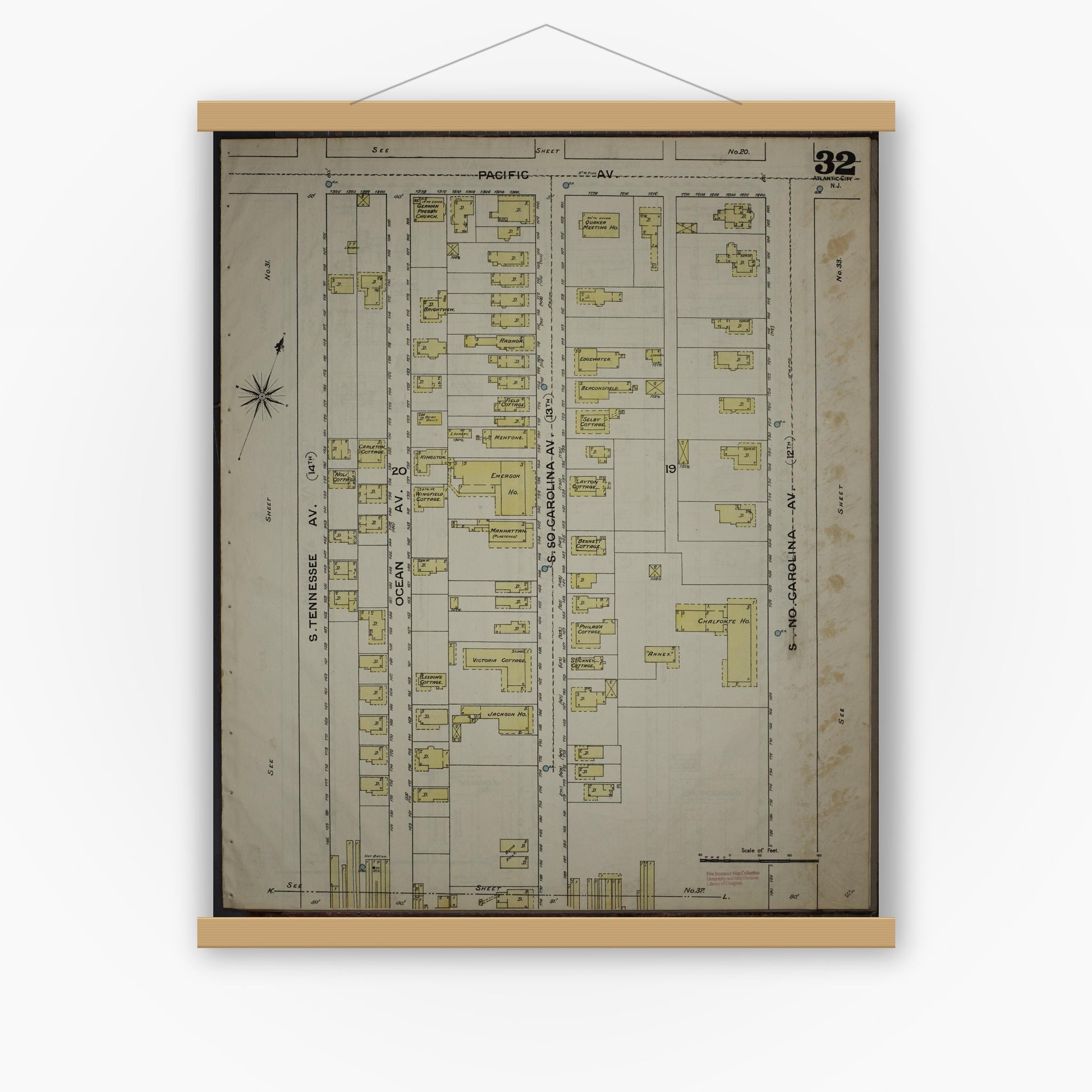 Old map wall art mockup — magnetic wood frame on white wall — Sanborn Fire Insurance Map from Atlantic City, Atlantic County, New Jersey (1886), Sheet #0032