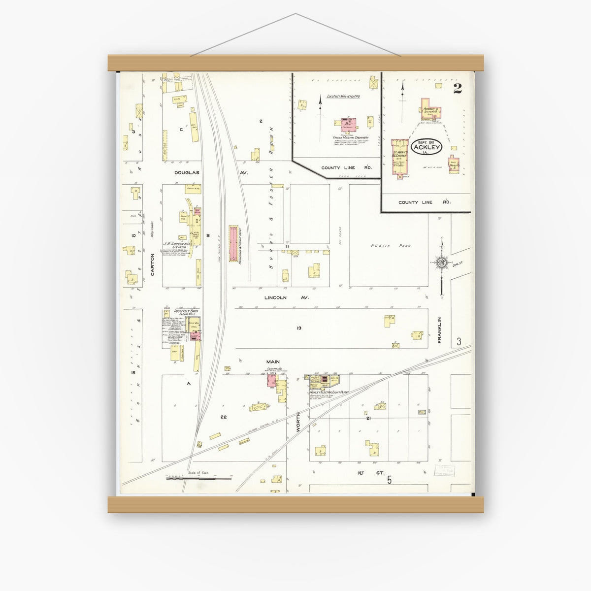Old map wall art mockup — magnetic wood frame on white wall — Sanborn Fire Insurance Map from Ackley, Hardin and Franklin Counties, Iowa (1911), Sheet #0002