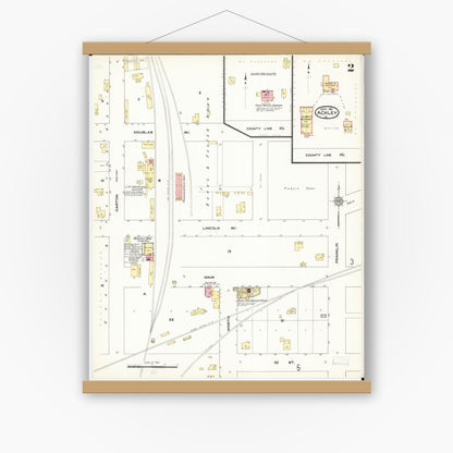 Old map wall art mockup — magnetic wood frame on white wall — Sanborn Fire Insurance Map from Ackley, Hardin and Franklin Counties, Iowa (1911), Sheet #0002