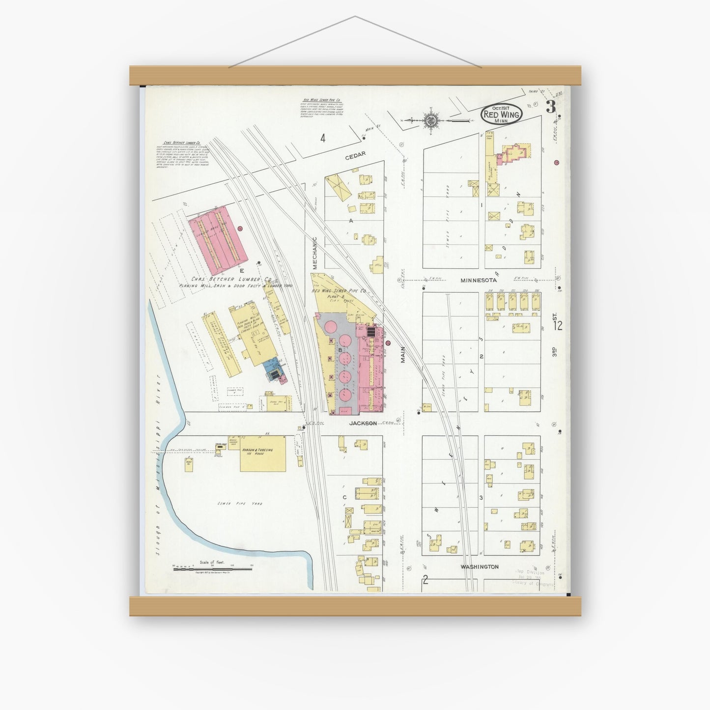 Old map wall art mockup — magnetic wood frame on white wall — Sanborn Fire Insurance Map from Red Wing, Goodhue County, Minnesota (1917), Sheet #0003