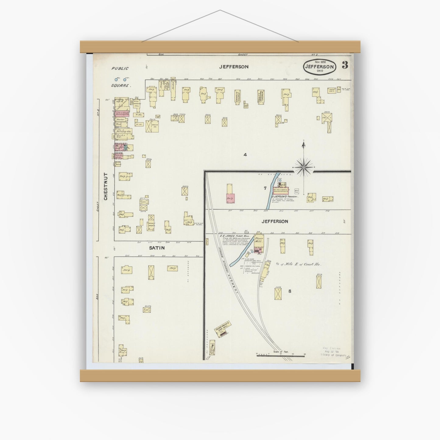 Old map wall art mockup — magnetic wood frame on white wall — Sanborn Fire Insurance Map from Jefferson, Ashtabula County, Ohio (1890), Sheet #0003