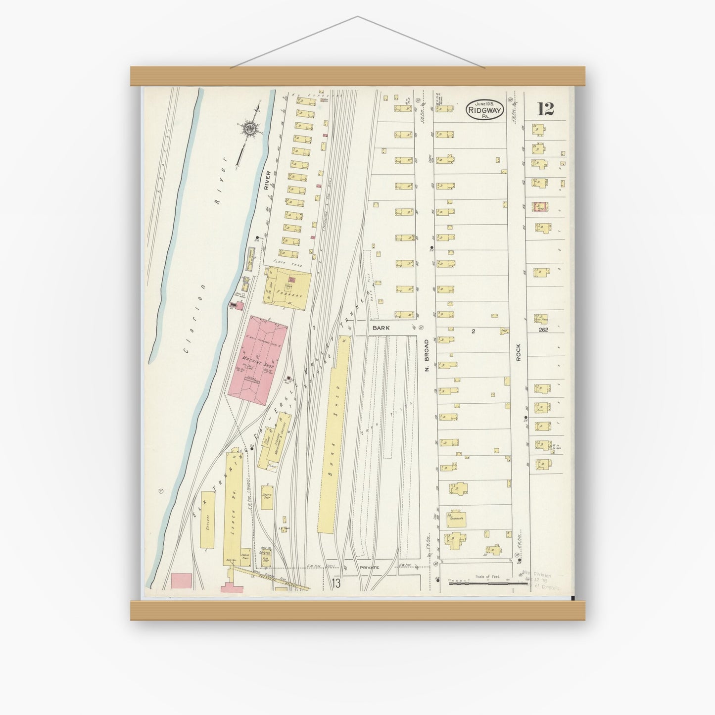 Old map wall art mockup — magnetic wood frame on white wall — Sanborn Fire Insurance Map from Ridgway, Elk County, Pennsylvania (1915), Sheet #0012