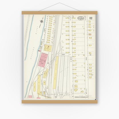 Old map wall art mockup — magnetic wood frame on white wall — Sanborn Fire Insurance Map from Ridgway, Elk County, Pennsylvania (1915), Sheet #0012