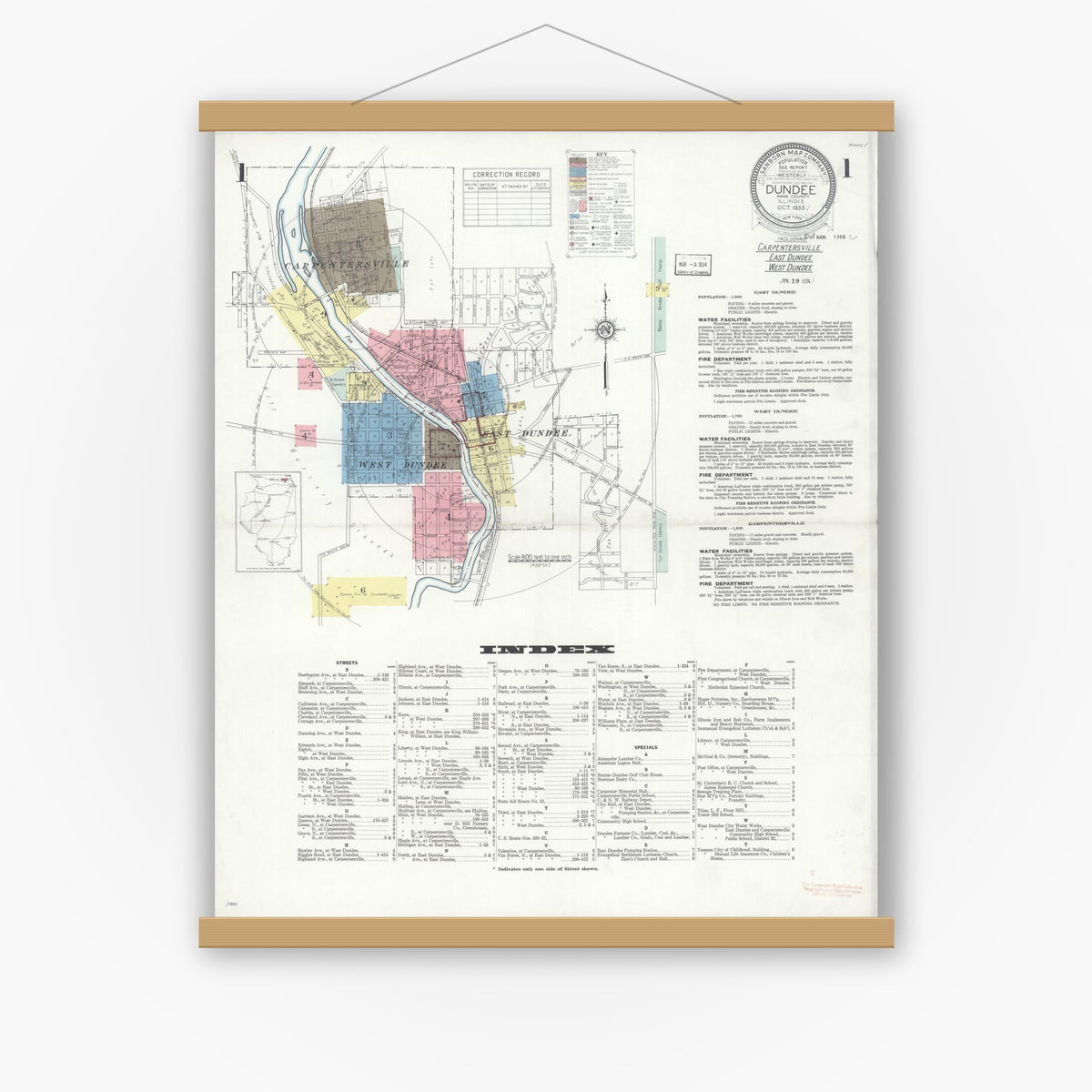 Old map wall art mockup — magnetic wood frame on white wall — Sanborn Fire Insurance Map from Dundee, Kane County, Illinois (1933), Sheet #0001