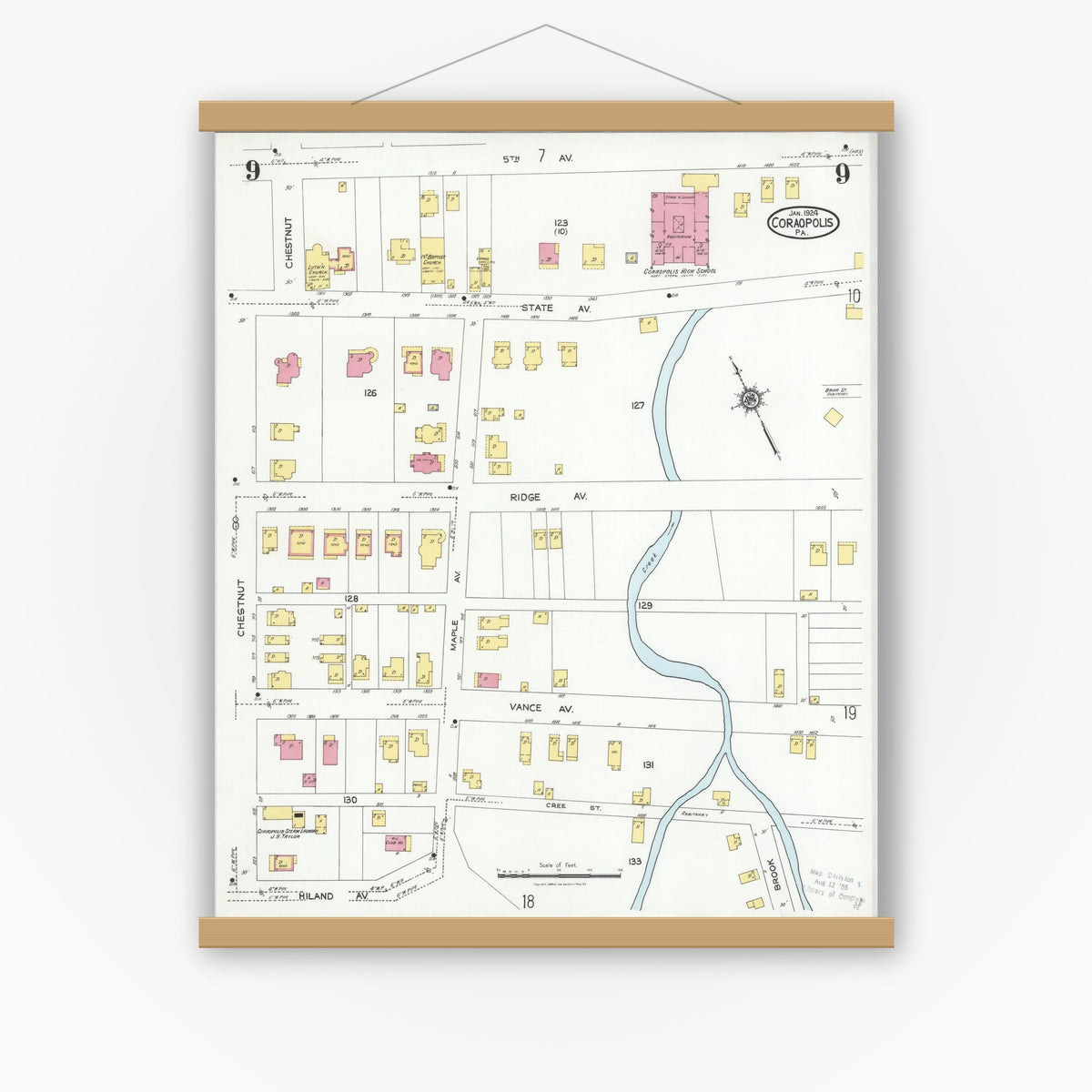 Old map wall art mockup — magnetic wood frame on white wall — Sanborn Fire Insurance Map from Coraopolis, Allegheny County, Pennsylvania (1924), Sheet #0009