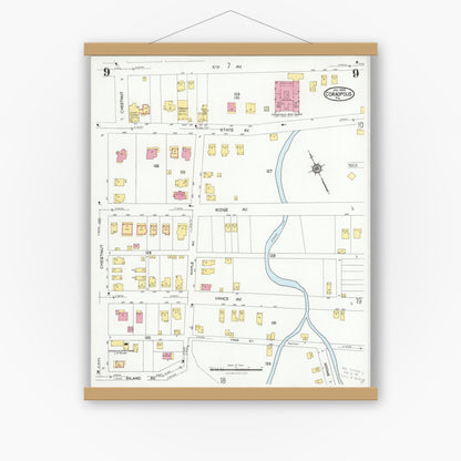 Old map wall art mockup — magnetic wood frame on white wall — Sanborn Fire Insurance Map from Coraopolis, Allegheny County, Pennsylvania (1924), Sheet #0009