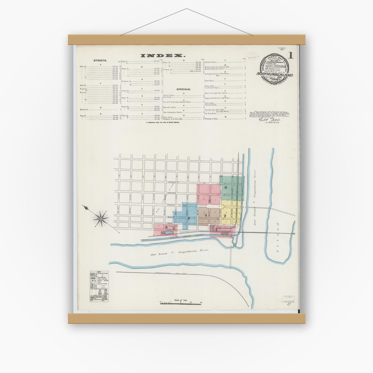 Old map wall art mockup — magnetic wood frame on white wall — Sanborn Fire Insurance Map from Northumberland, Northumberland County, Pennsylvania (1890), Sheet #0001