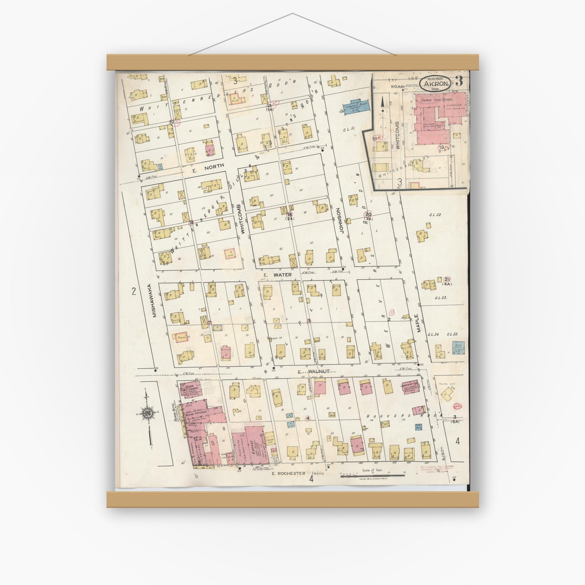 Old map wall art mockup — magnetic wood frame on white wall — Sanborn Fire Insurance Map from Akron, Fulton County, Indiana (1932), Sheet #0003