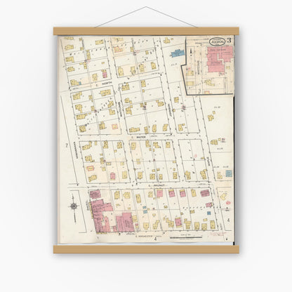 Old map wall art mockup — magnetic wood frame on white wall — Sanborn Fire Insurance Map from Akron, Fulton County, Indiana (1932), Sheet #0003